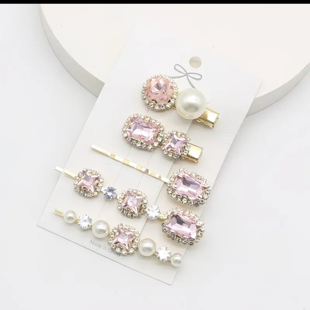 🆕️ PINK RHINESTONE & PEARL HAIR PINS & CLIPS - SET OF 5